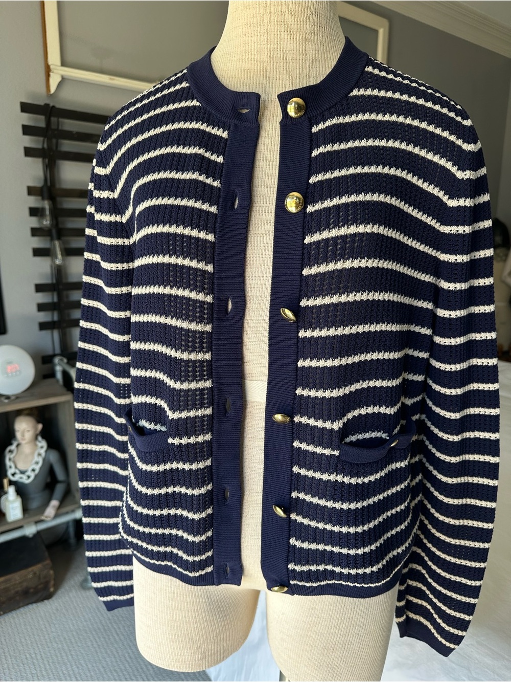 rag & bone Navy and White Striped Gold-Button Cardigan, size medium - Picture 3 of 14